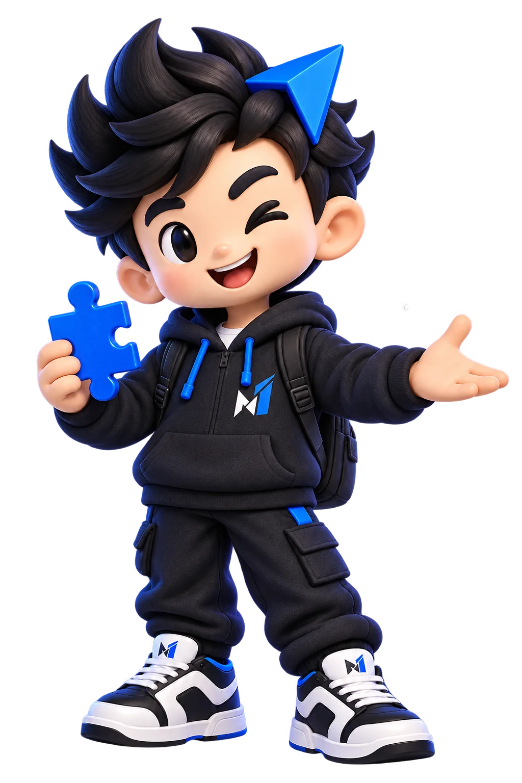 The NextOne mascot inviting you to join while holding a piece of a shared build